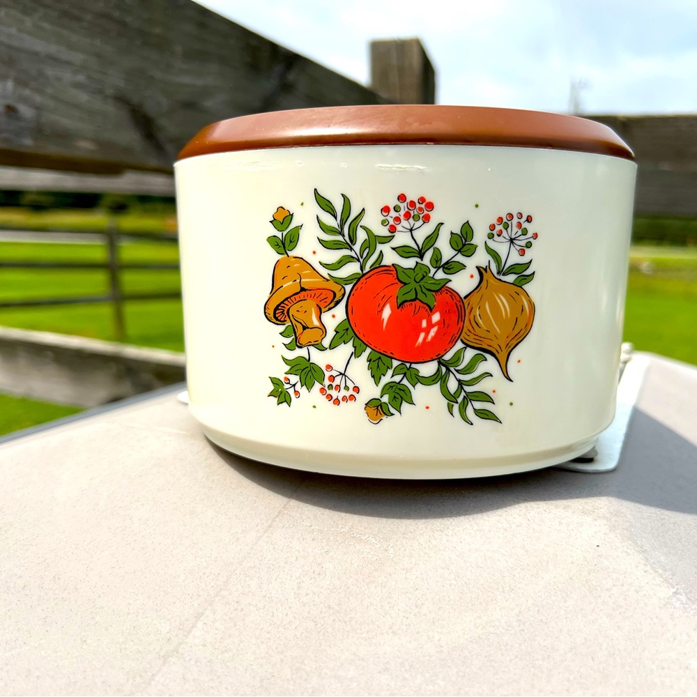 Vintage Sterilite container with vegetable print.
